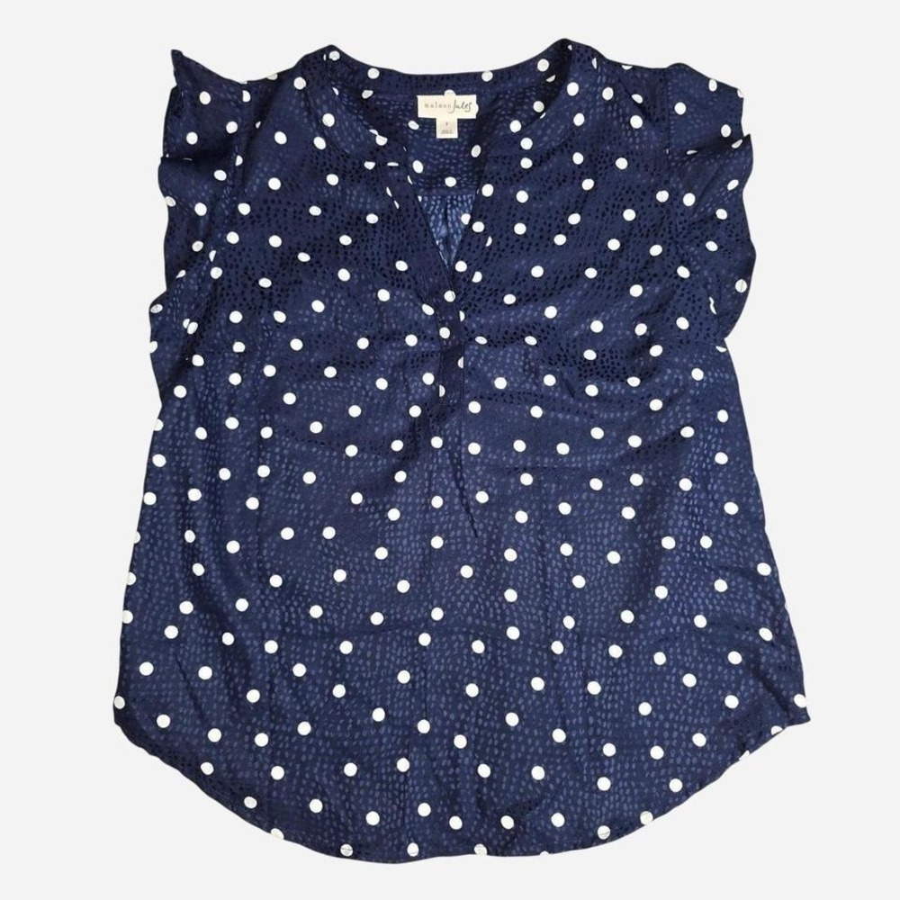 Maison Jules Navy Blue White Polka Dot Flutter‎ Sleeve Blouse Womens Small